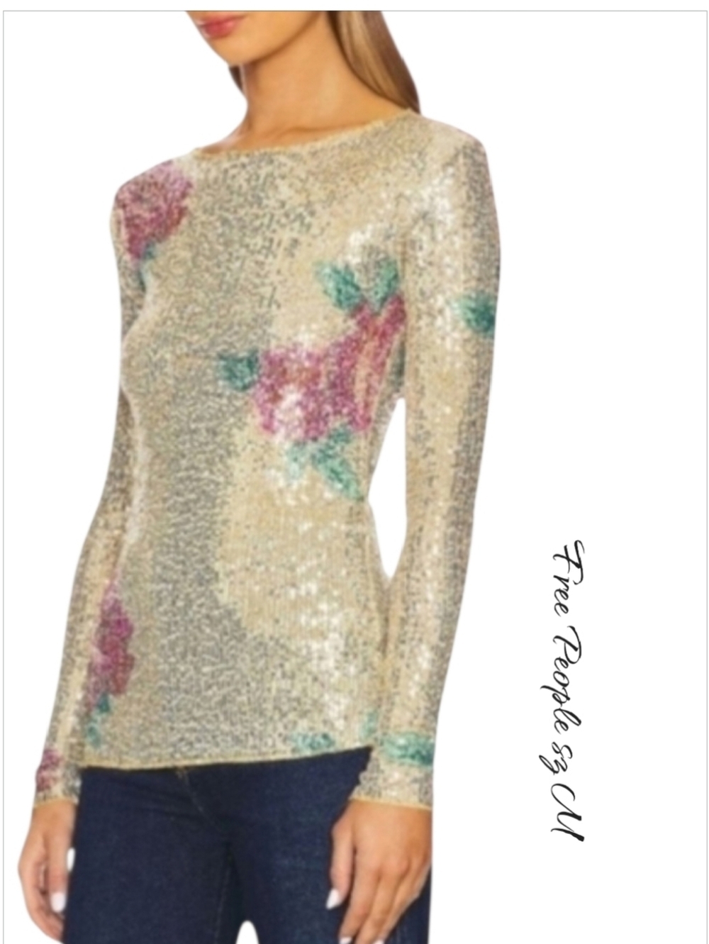 Free People Gold Rush Sequin Top Floral Gold M